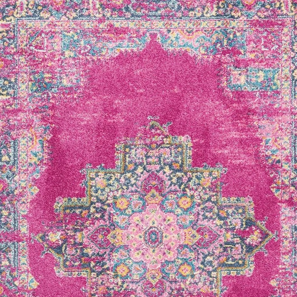 10' Fuchsia And Blue Oriental Distressed Runner Rug
