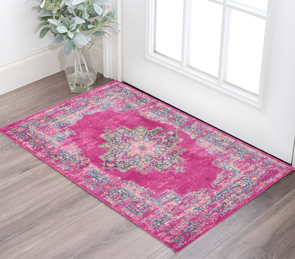 10' Fuchsia And Blue Oriental Distressed Runner Rug