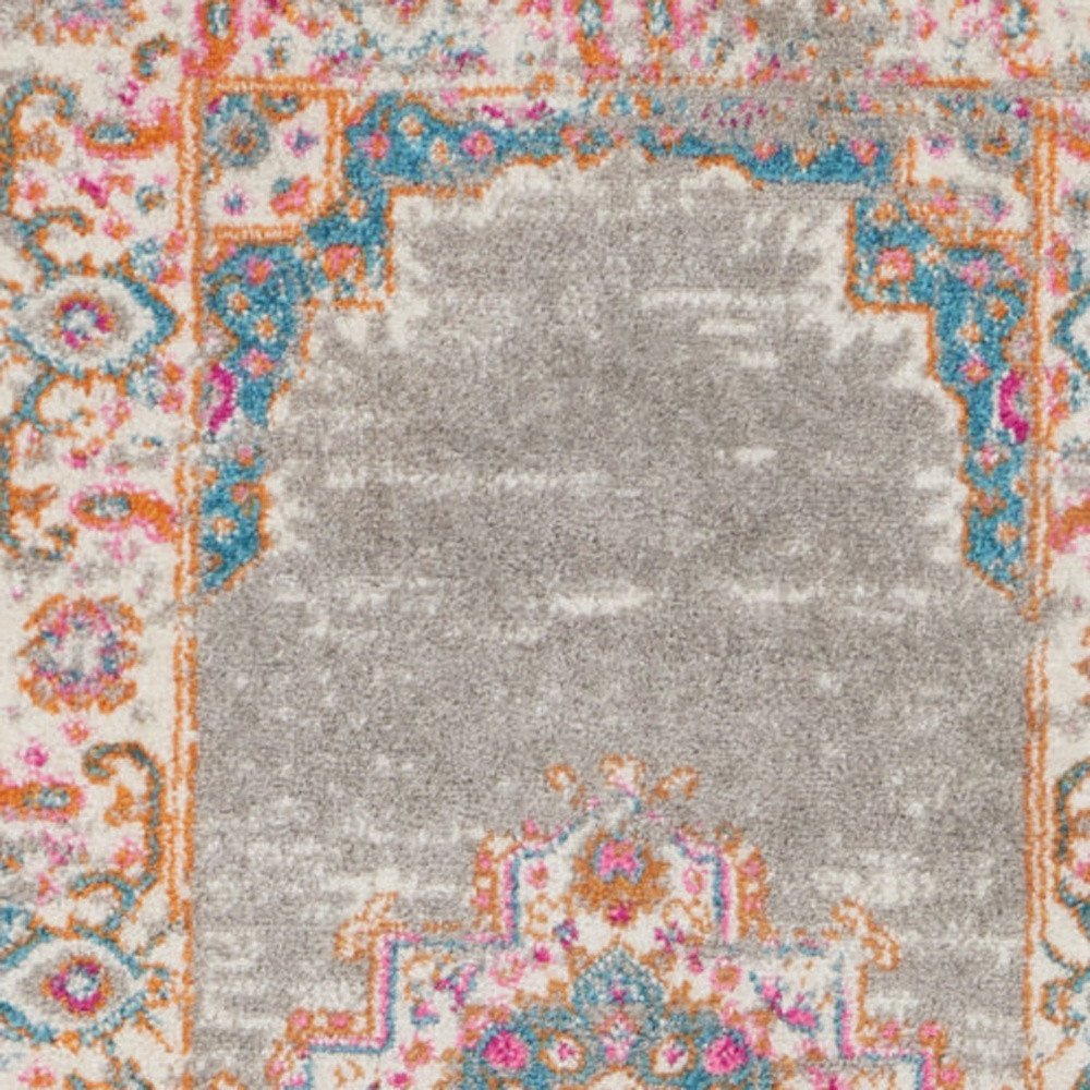 10' Gray And Gold Medallion Distressed Runner Rug