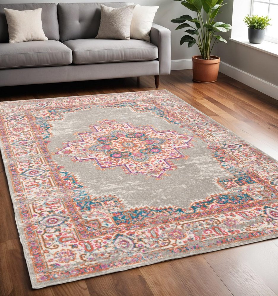 4' Gray And Gold Medallion Distressed Round Rug