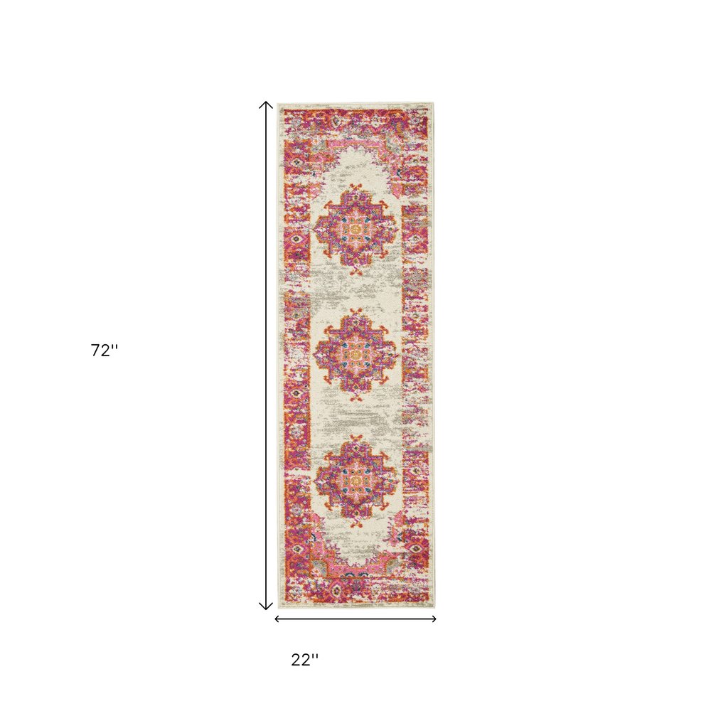 6' Ivory And Fuchsia Oriental Distressed Runner Rug