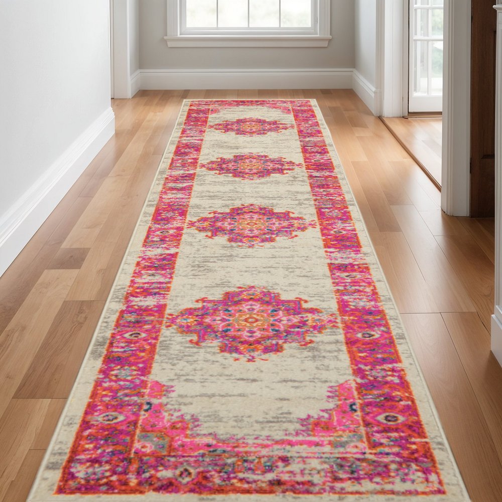 6' Ivory And Fuchsia Oriental Distressed Runner Rug