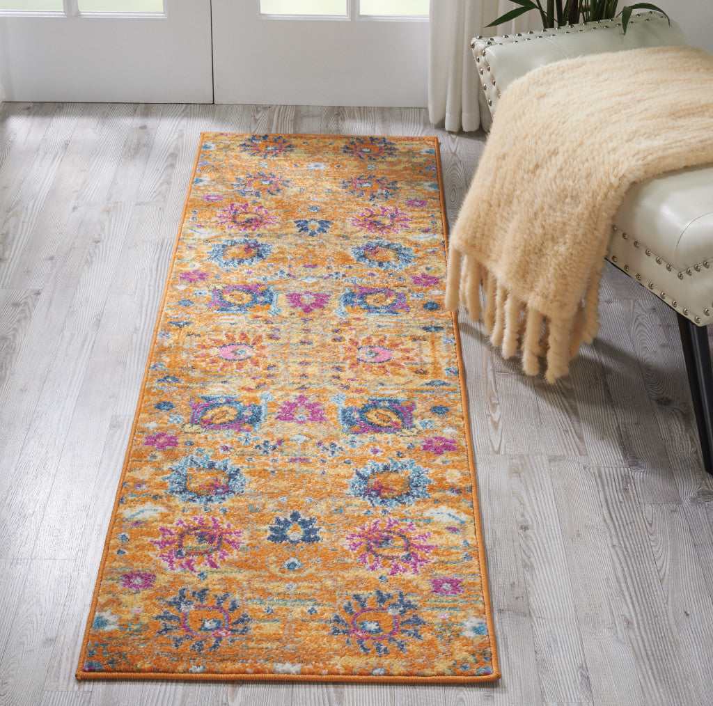 2' X 3' Blue And Orange Floral Distressed Area Rug