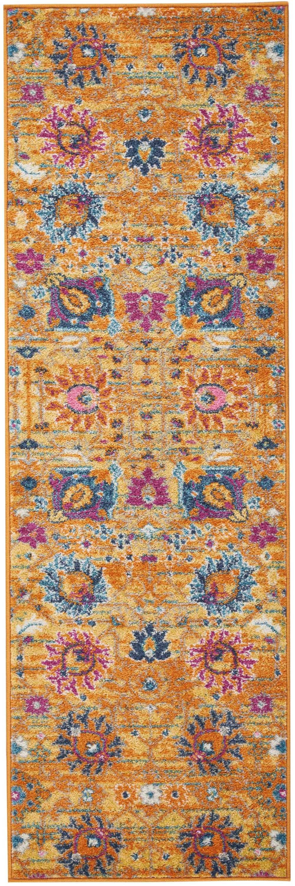 2' X 3' Blue And Orange Floral Distressed Area Rug