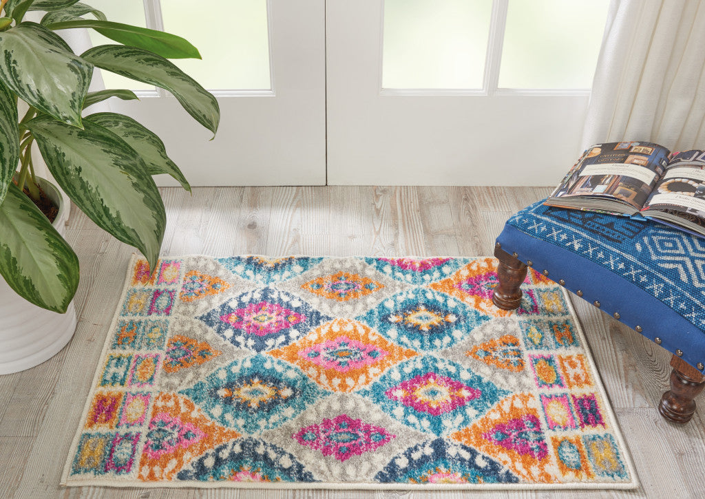 2' X 3' Ivory And Blue Ogee Distressed Area Rug