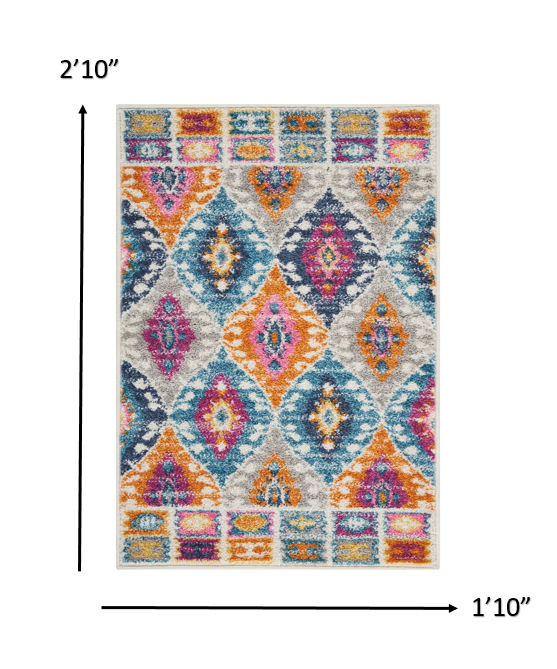 2' X 3' Ivory And Blue Ogee Distressed Area Rug