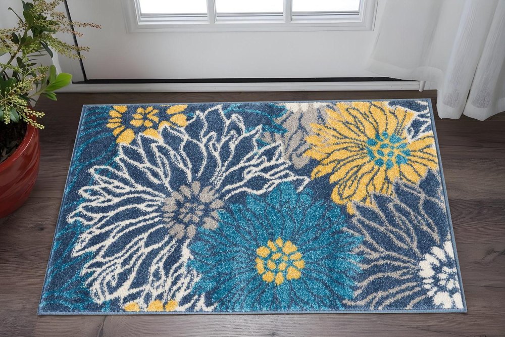 10' Blue And Gold Floral Runner Rug