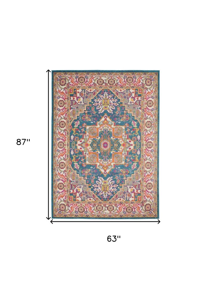 4' X 6' Teal And Ivory Medallion Distressed Area Rug