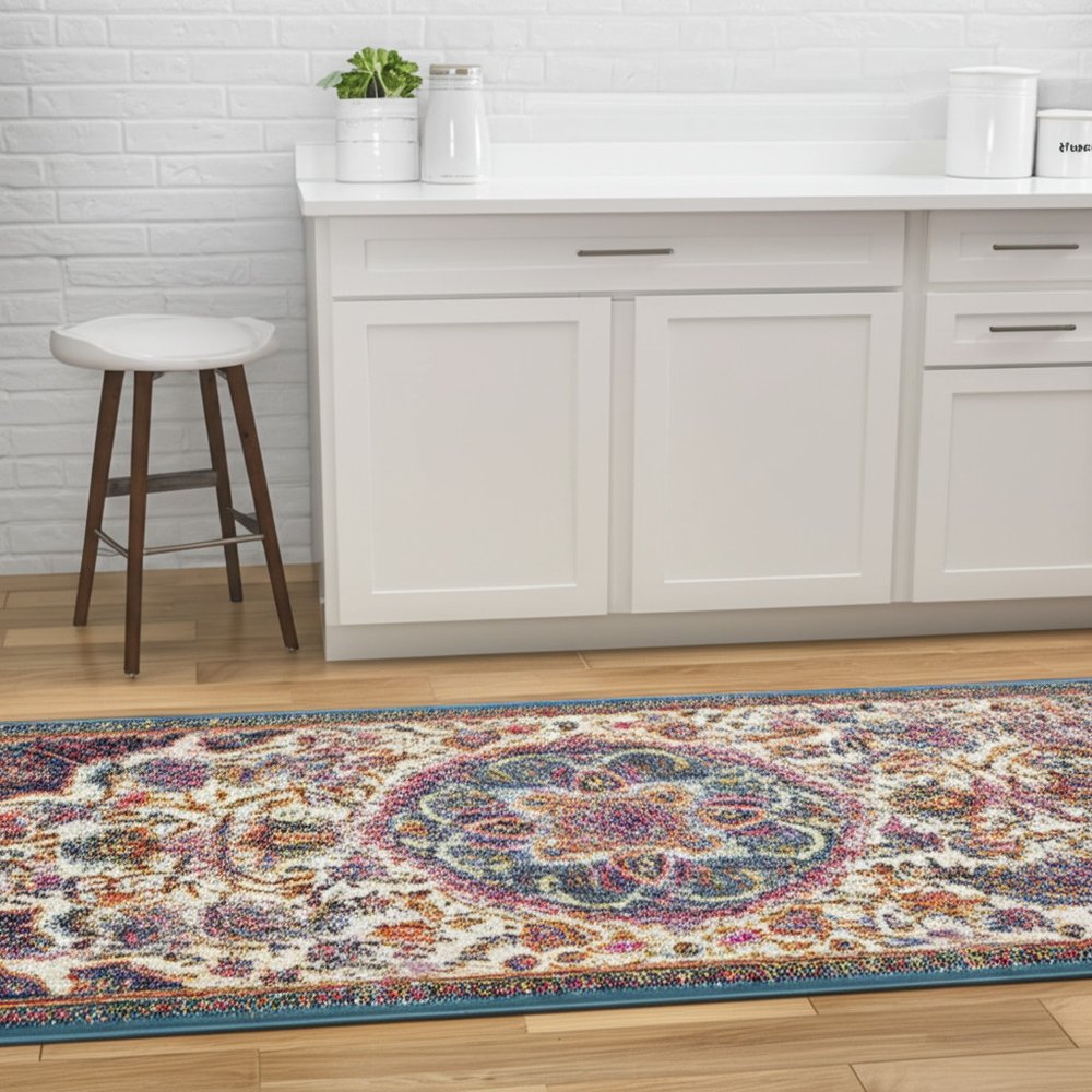 8' Ivory And Blue Medallion Round Rug