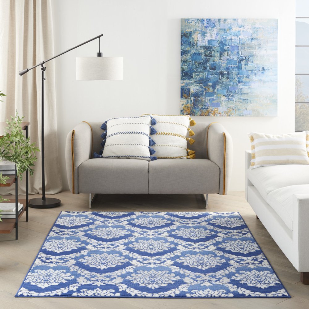 6' X 9' Blue And Ivory Damask Distressed Area Rug