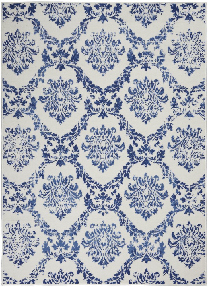 6' X 9' Blue And Ivory Damask Distressed Area Rug