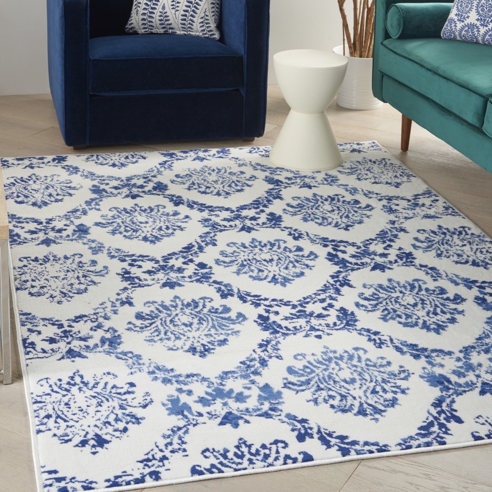 6' X 9' Blue And Ivory Damask Distressed Area Rug