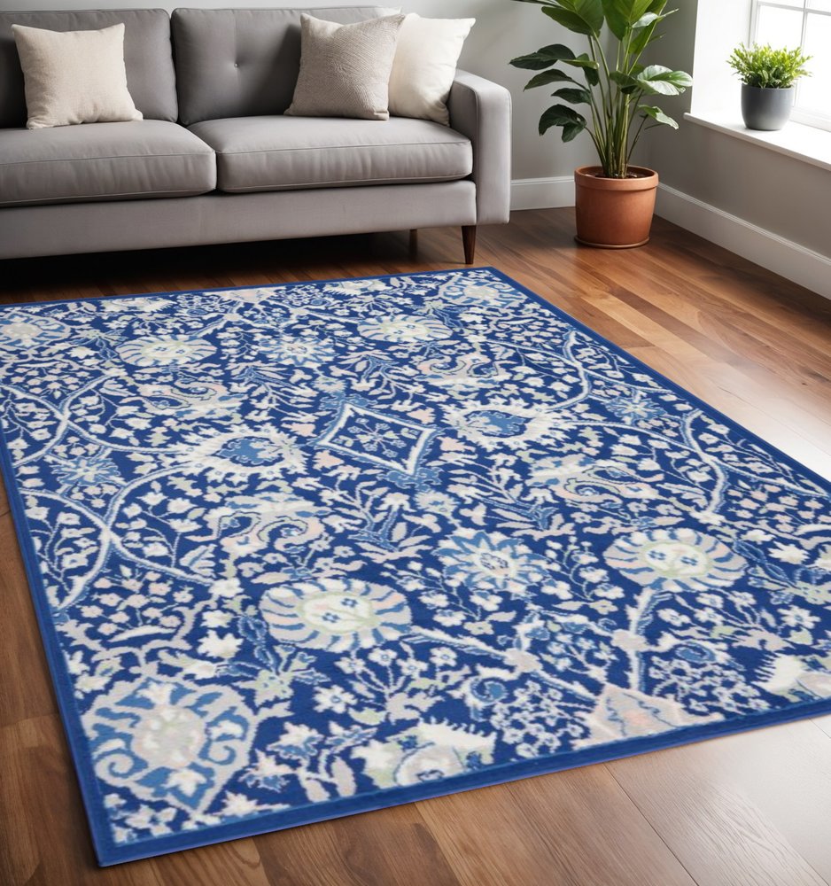4' X 6' Ivory And Blue Floral Area Rug