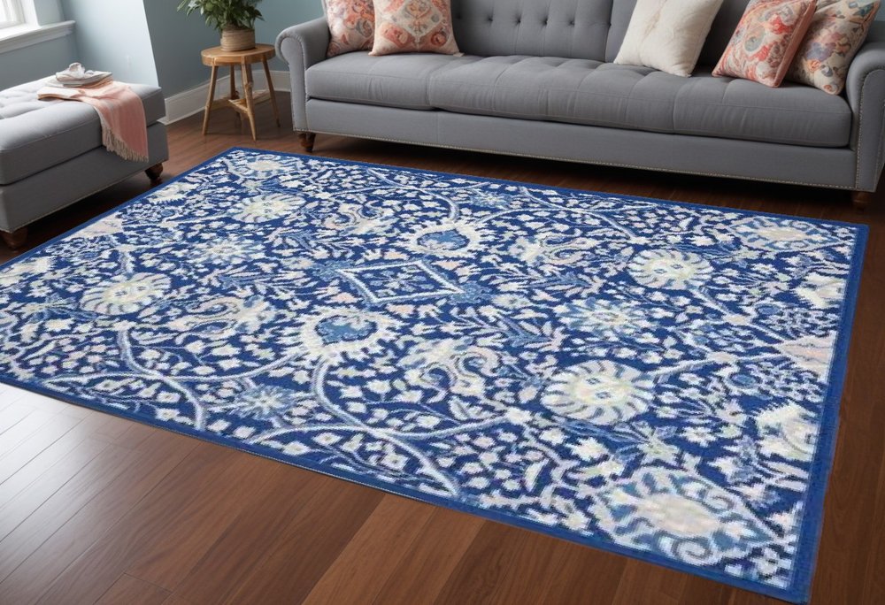 4' X 6' Ivory And Blue Floral Area Rug