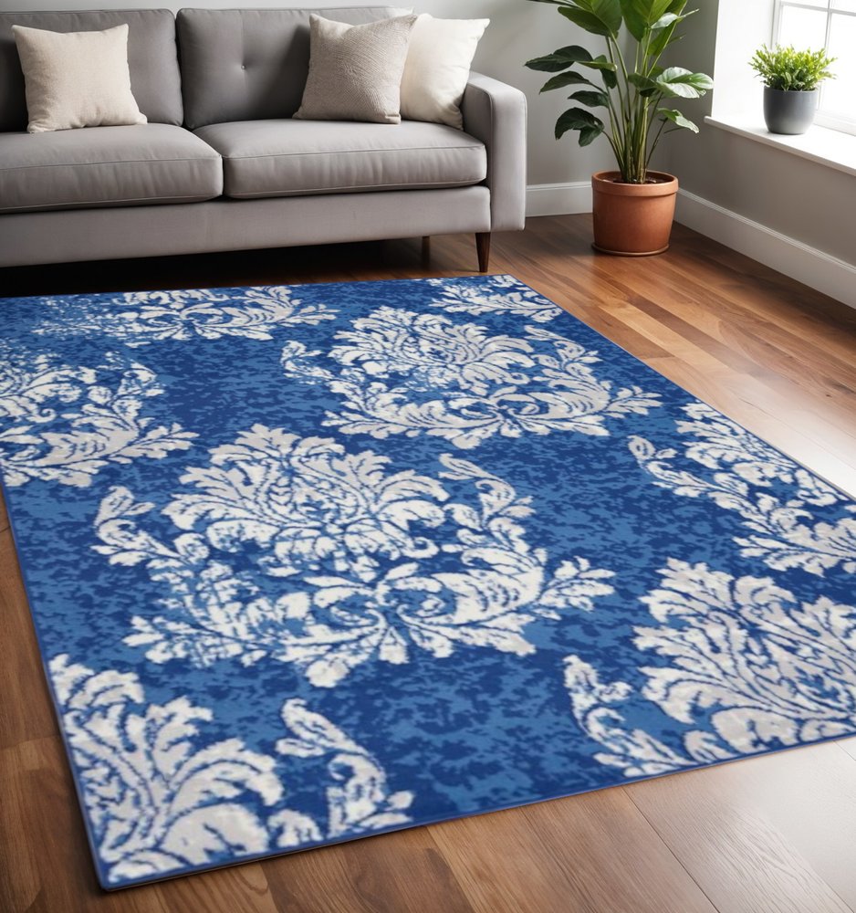 4' X 6' Ivory And Blue Damask Distressed Area Rug