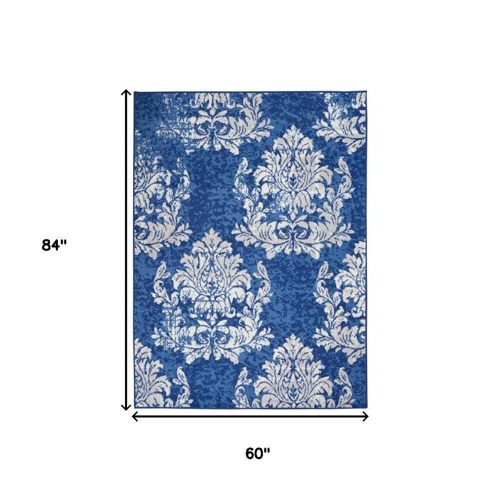 4' X 6' Ivory And Blue Damask Distressed Area Rug