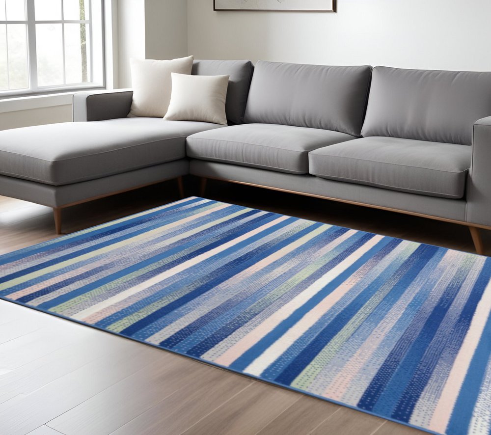 4' X 6' Blue And White Striped Distressed Area Rug