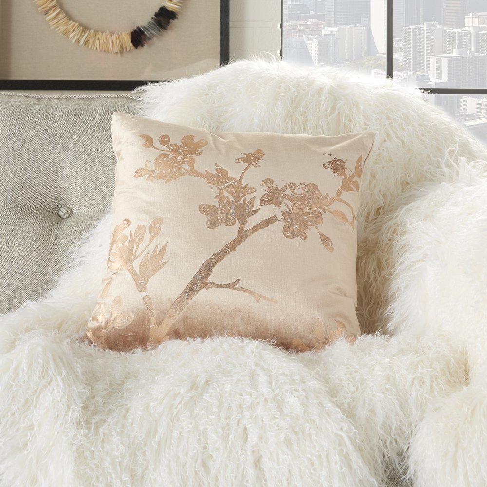 Pink Accent Throw Pillow With Rose Gold Floral Design
