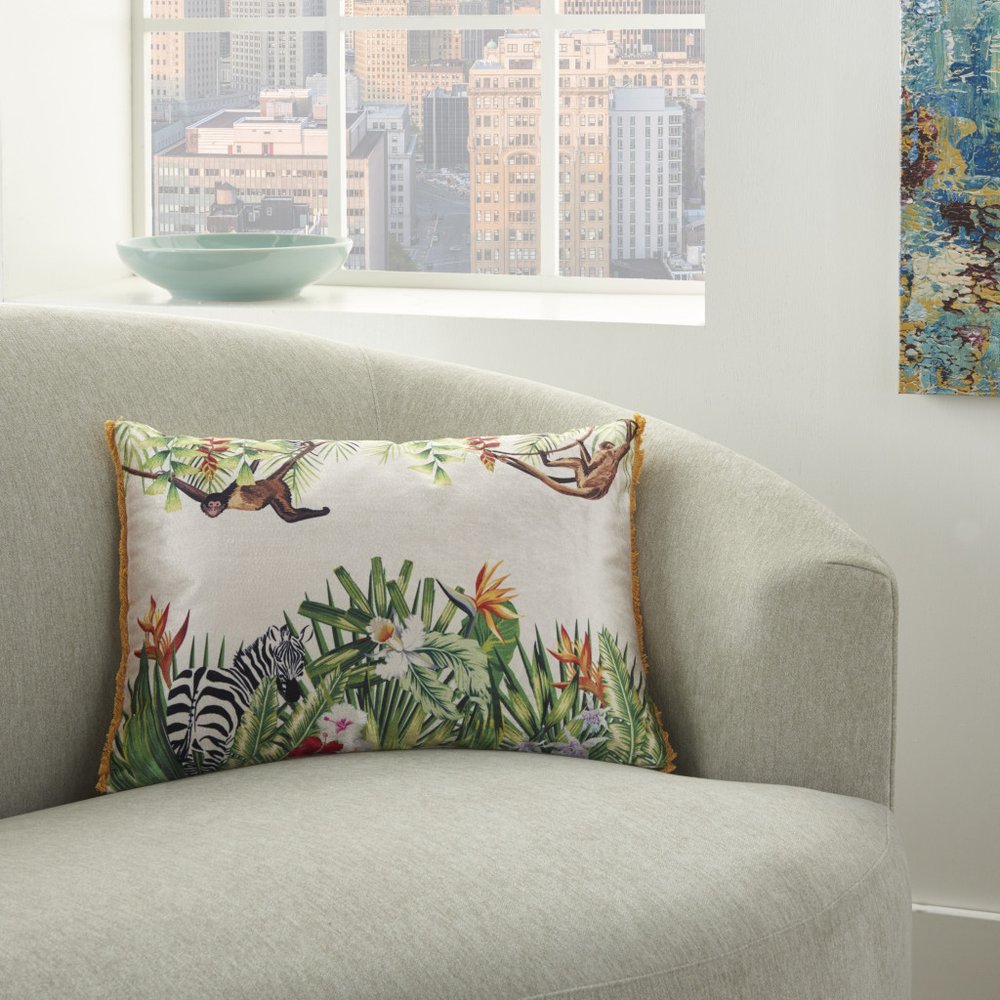 14" X 20" Green And White Cotton Throw Pillow