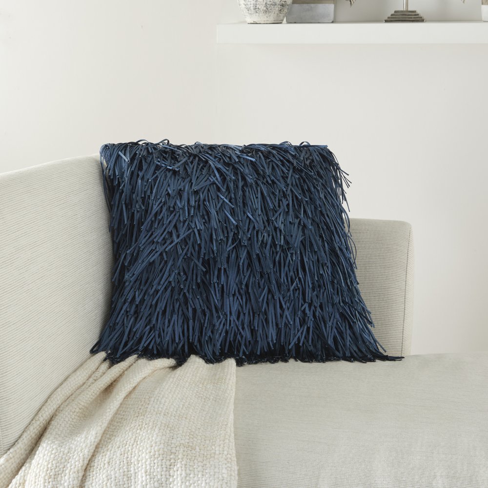 20" Navy Blue Textured Throw Pillow with Fringe