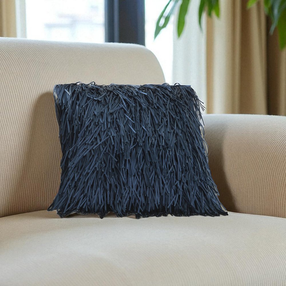 20" Navy Blue Textured Throw Pillow with Fringe