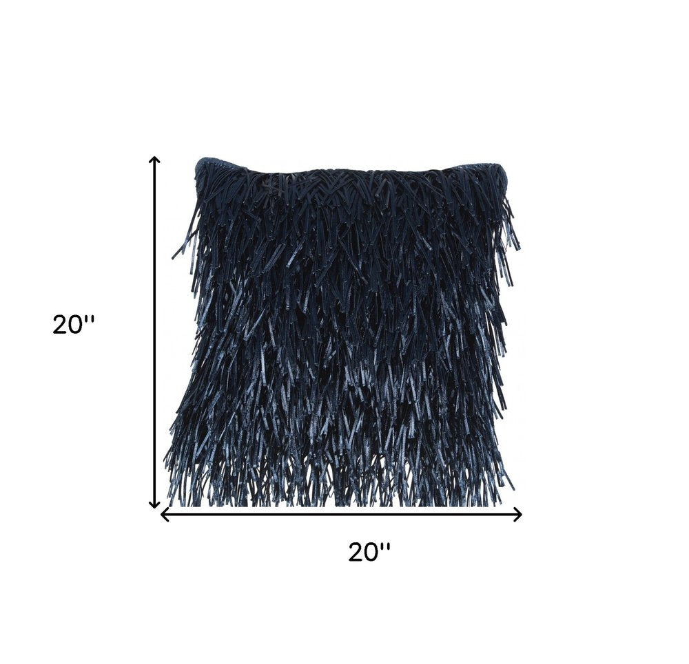 20" Navy Blue Textured Throw Pillow with Fringe