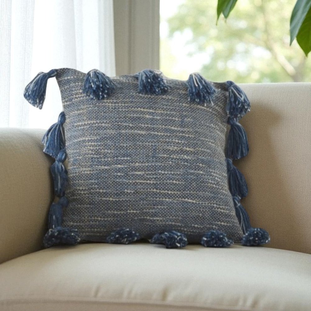 18" Royal Blue Polyester Blend Throw Pillow With Tassels