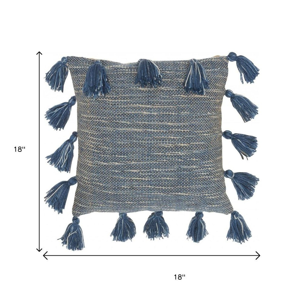 18" Royal Blue Polyester Blend Throw Pillow With Tassels