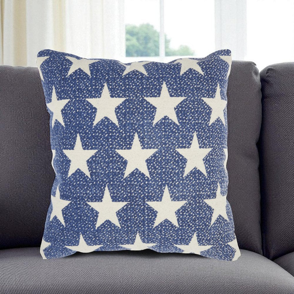 20" Ivory And Navy Blue Stars Cotton Throw Pillow