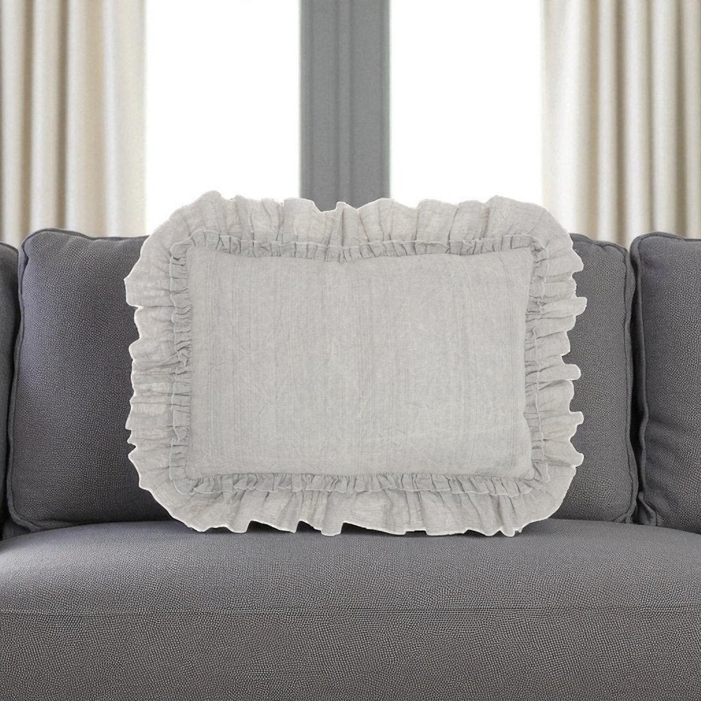 16" X 24" Gray Pillow With Ruffled Edges