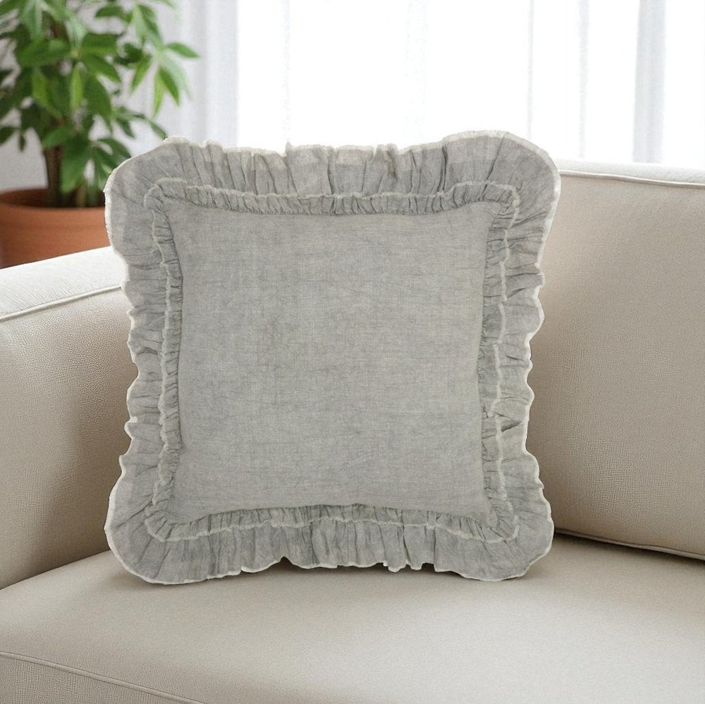 24" Light Gray Pillow With Ruffled Edges