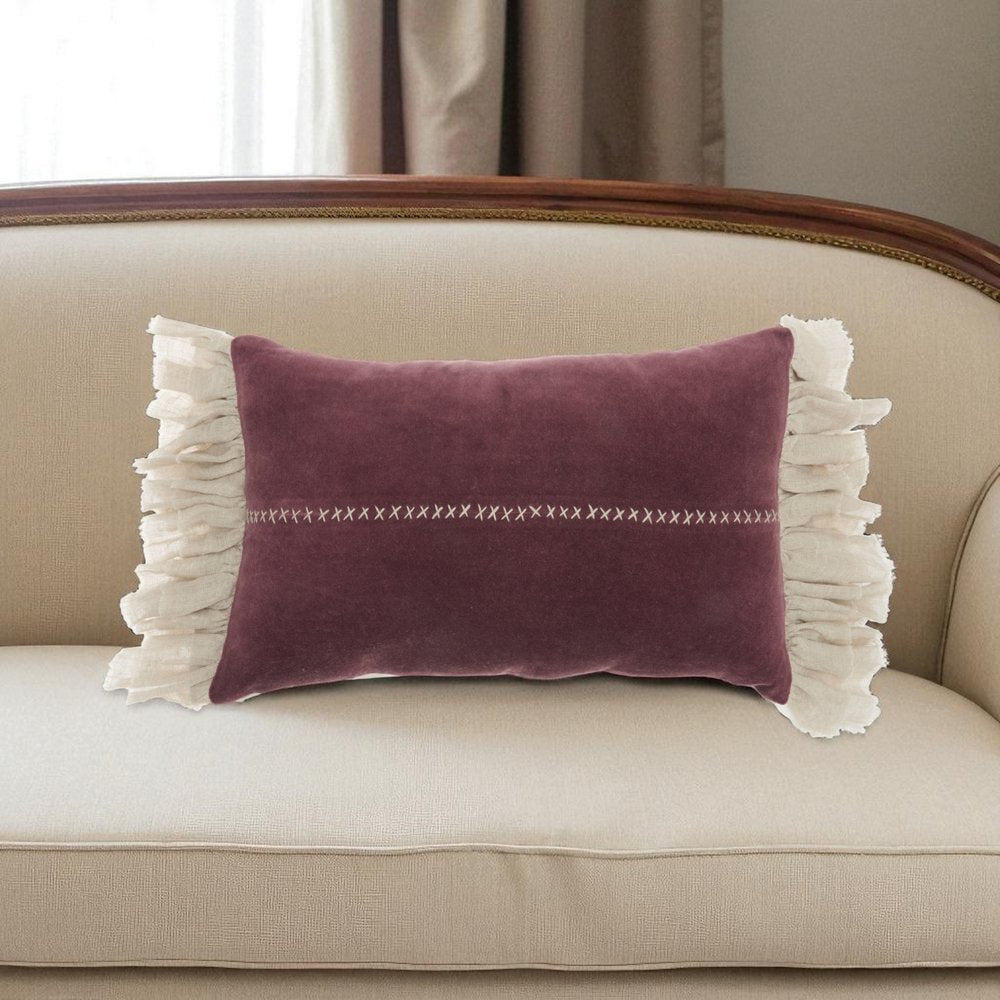 Wide Tasseled Marble Maroon Lumbar Pillow
