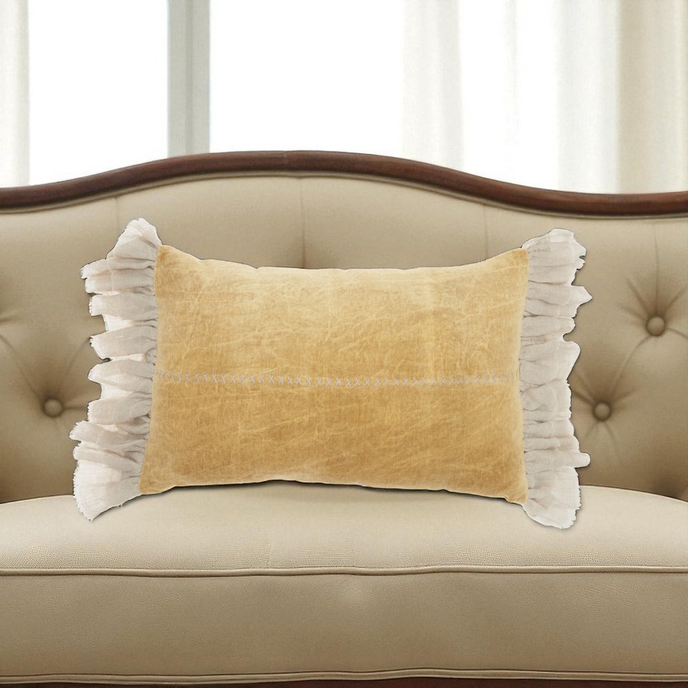 Wide Tasseled Marble Yellow Lumbar Pillow