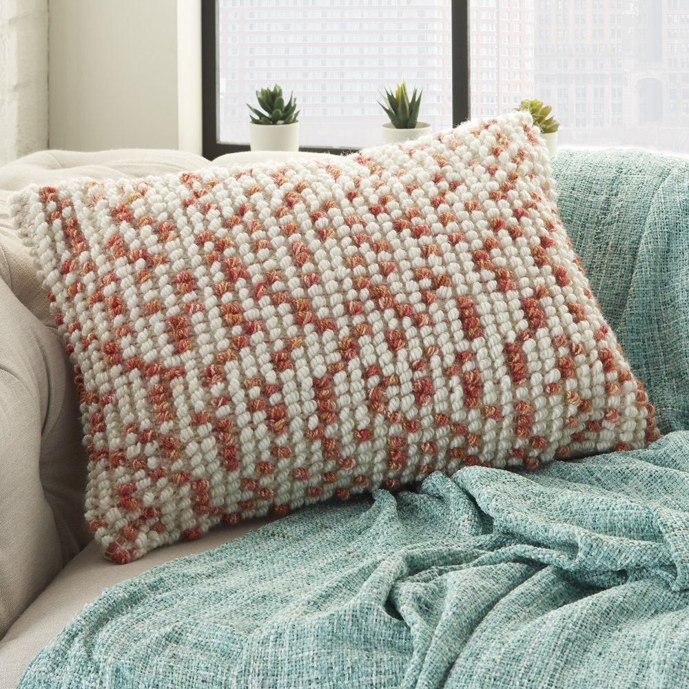 14" X 20" Coral and Beige Ribbed Indoor Outdoor Throw Pillow With Texture