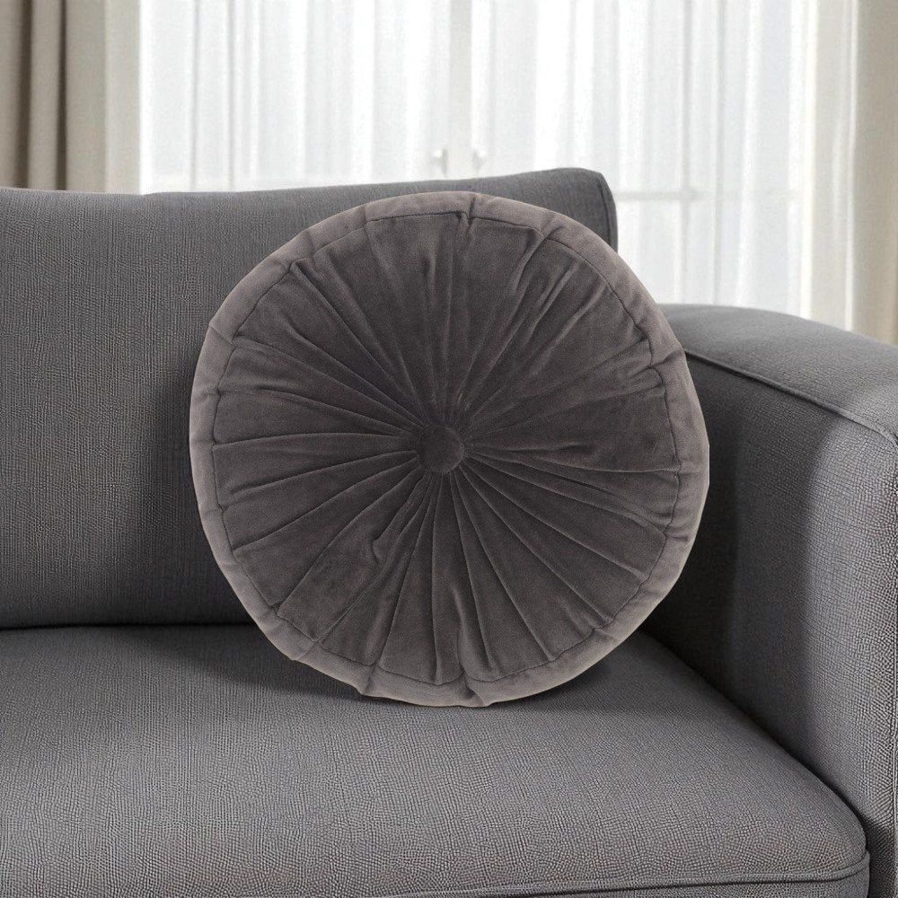 16" Dark Gray Round Tufted Velvet Throw Pillow