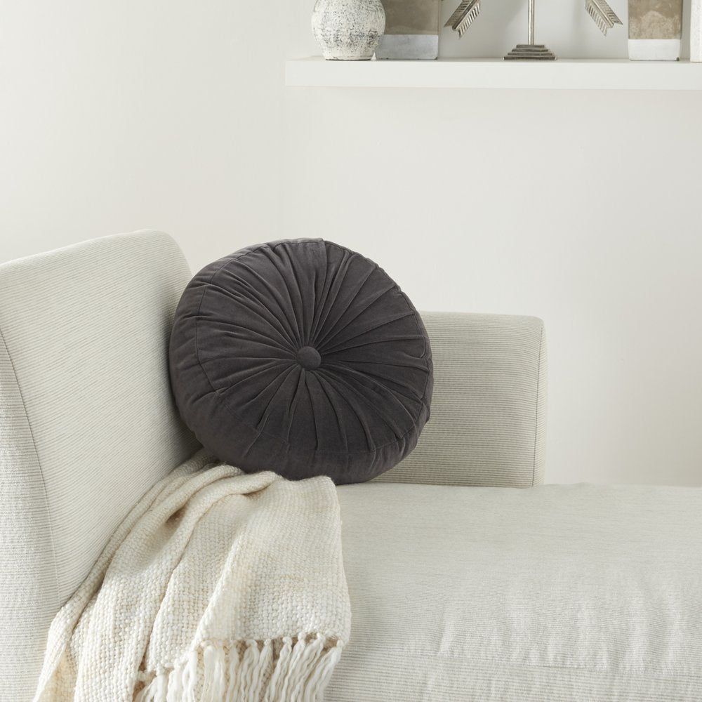 16" Dark Gray Round Tufted Velvet Throw Pillow