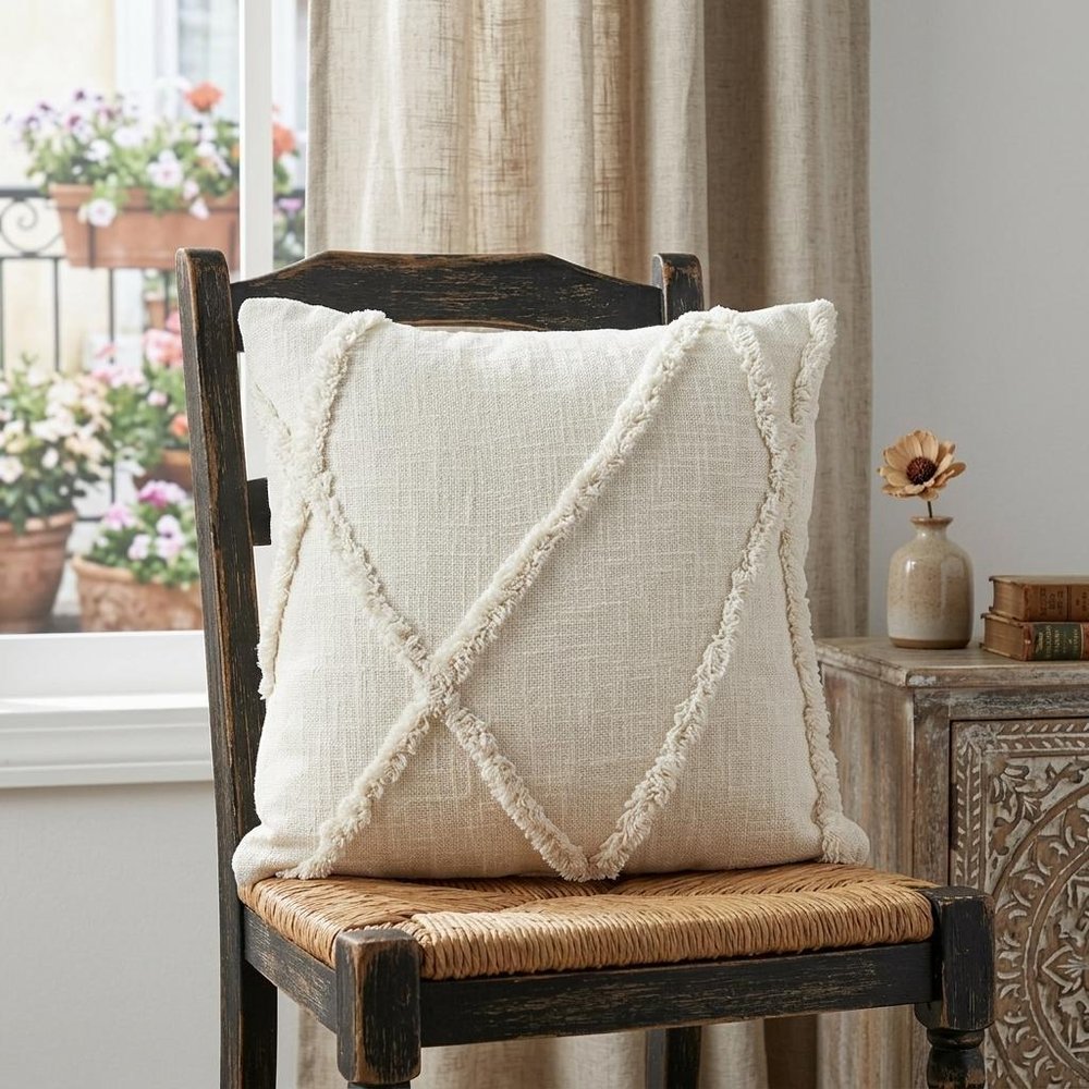 Boho Chic White Textured Lines Throw Pillow