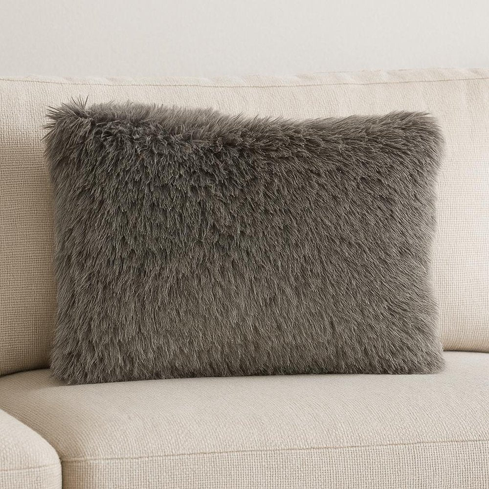 14" X 20" Slate Gray Faux Fur Throw Pillow