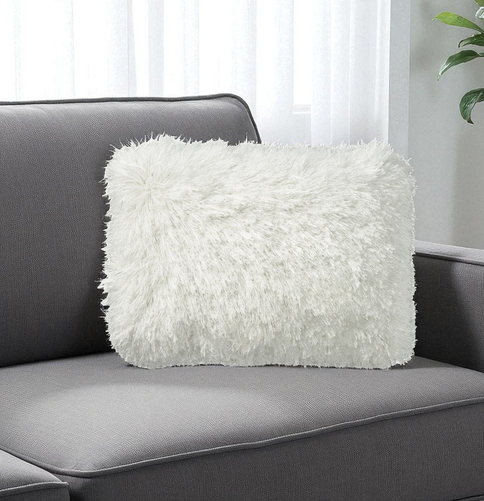 14" X 20" White Super Shaggy Throw Pillow