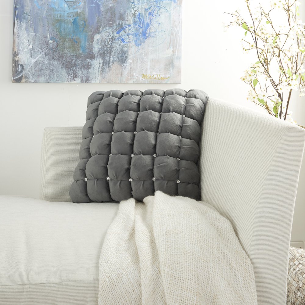 20" Dark Gray With Bling Quilted Velvet Throw Pillow