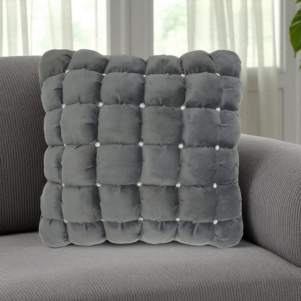 20" Dark Gray With Bling Quilted Velvet Throw Pillow