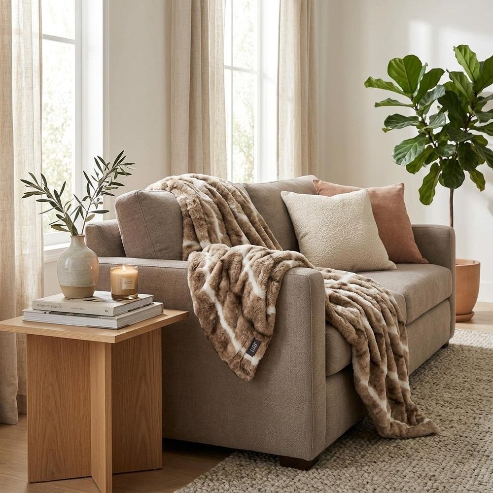 Beige Faux Fur Ombre Plush Throw