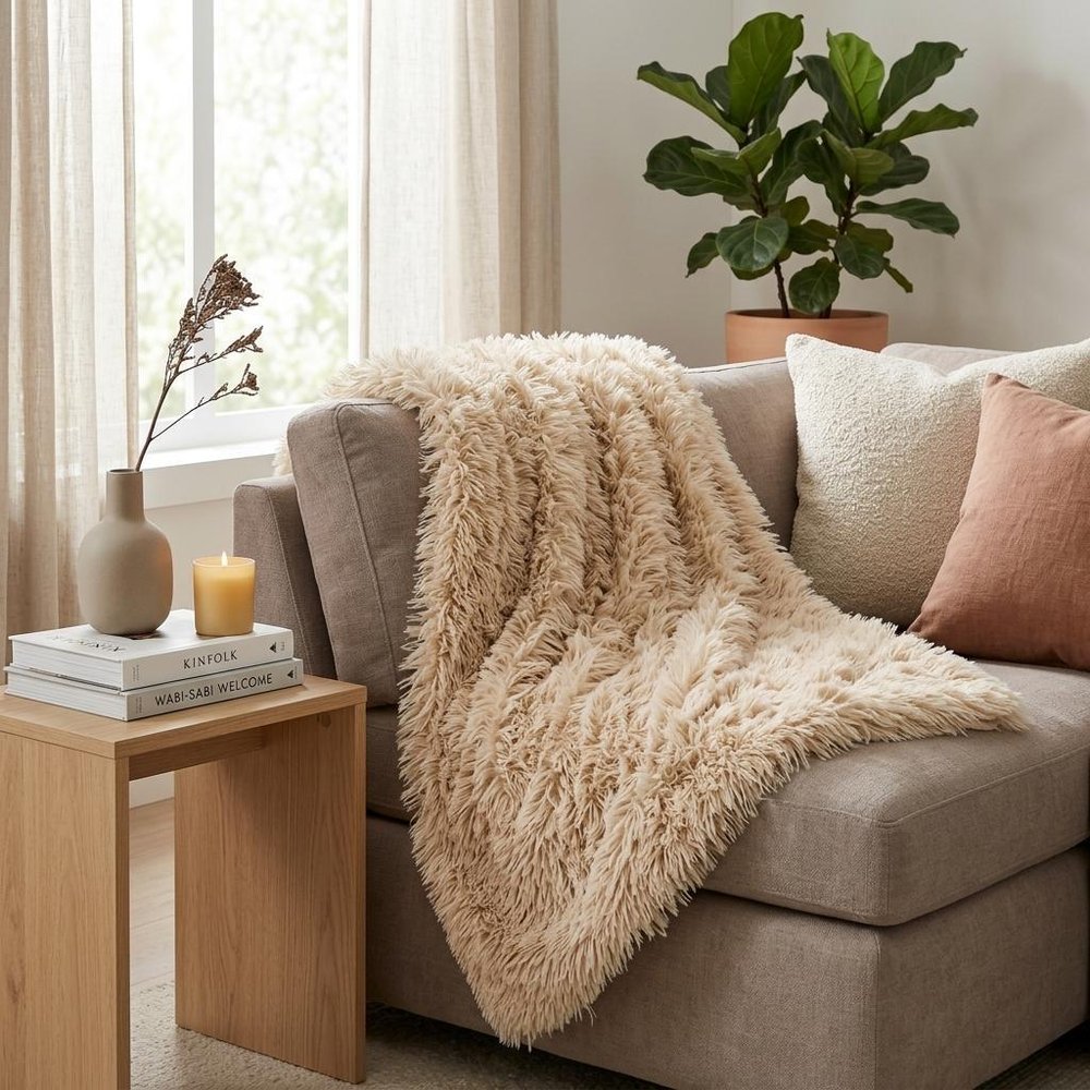 Beige Wool Solid Color Plush Throw