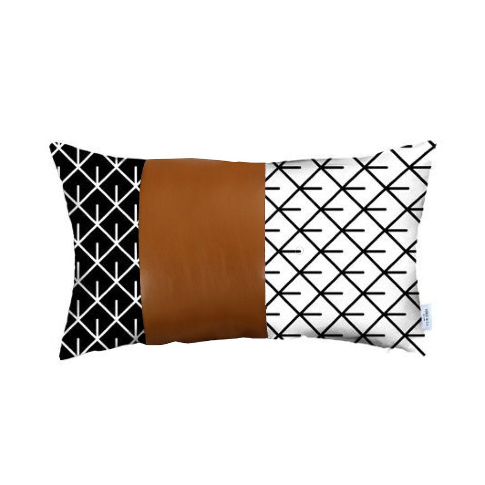 12" X 20" Brown and White Faux Leather Lumbar Throw Pillow Cover