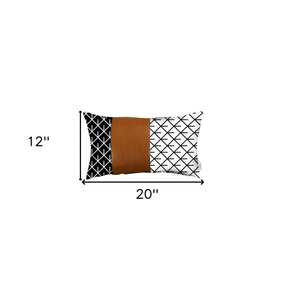 12" X 20" Brown and White Faux Leather Lumbar Throw Pillow Cover