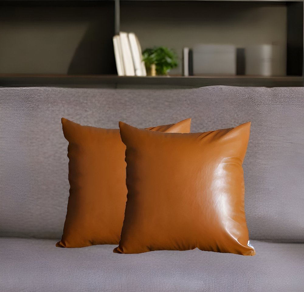 Set of Two 17" Brown Faux Leather Throw Pillow Covers