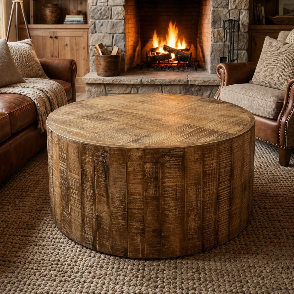 32" Brown Solid Wood Round Distressed Drum Coffee Table
