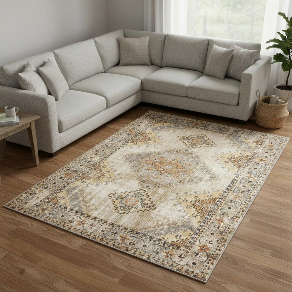 10' X 13' Gray And Beige Aztec Pattern Area Rug