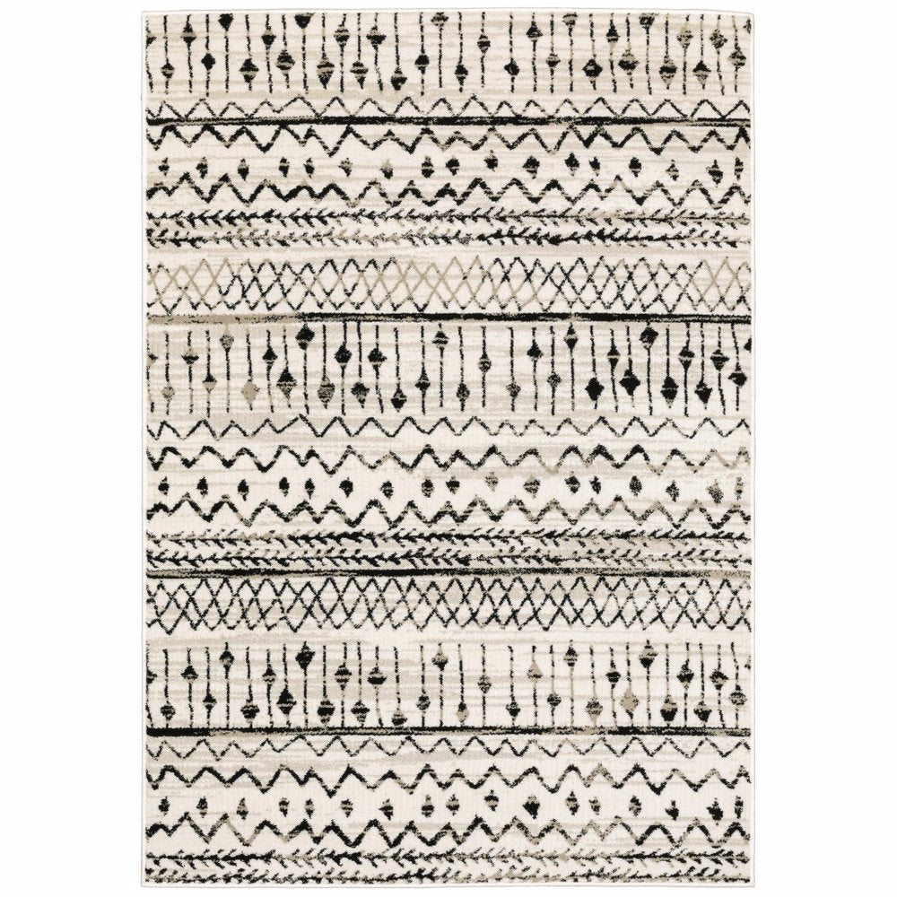 7' X 9' Ivory And Black Abstract Geometric Area Rug