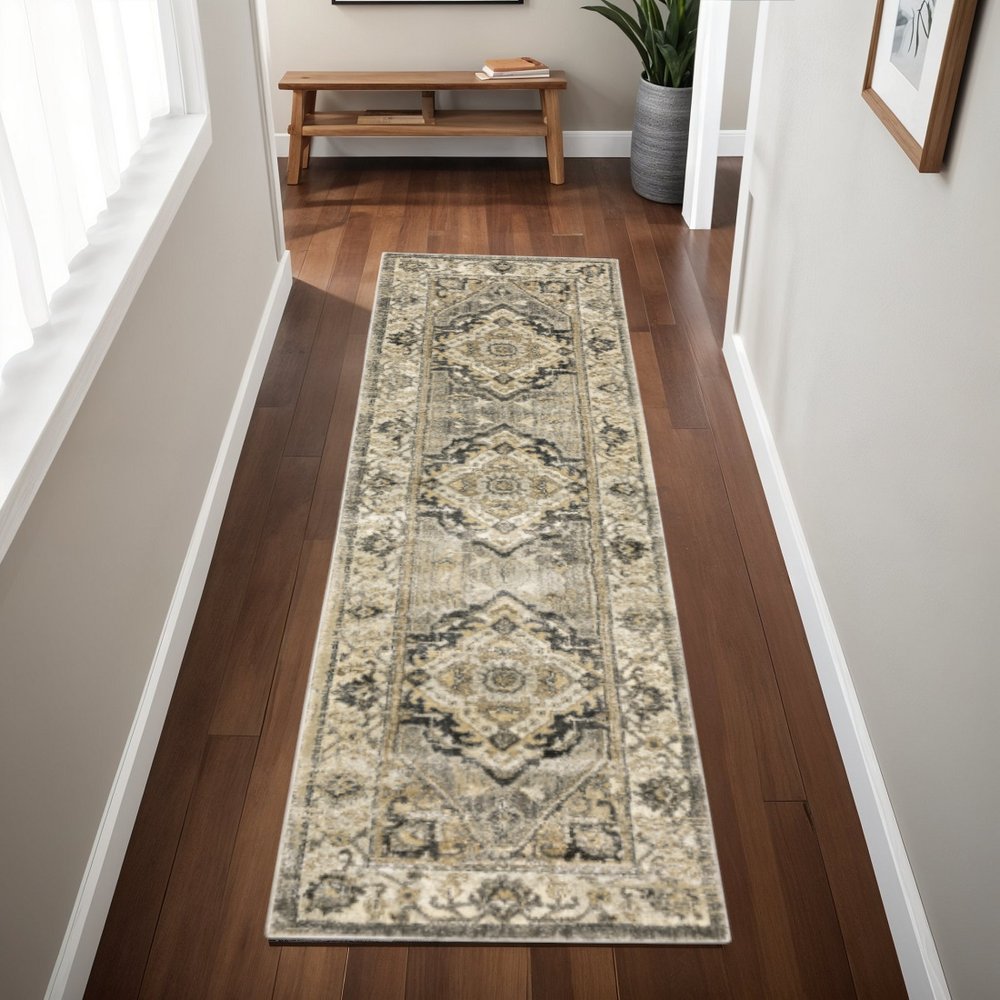 8' X 11' Beige And Gray Medallion Distressed Area Rug